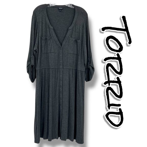 Torrid Gray Button Front Midi Dress Soft Tab Sleeve Pockets Womens Size 2 (2x) - Picture 1 of 12